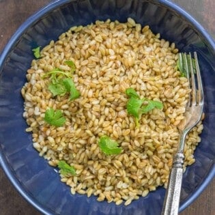 A bowl of cooked freekeh with parsley sprinked on top.