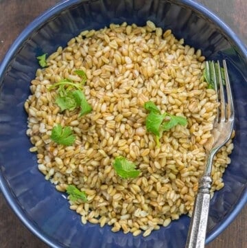 A bowl of cooked freekeh with parsley sprinked on top.