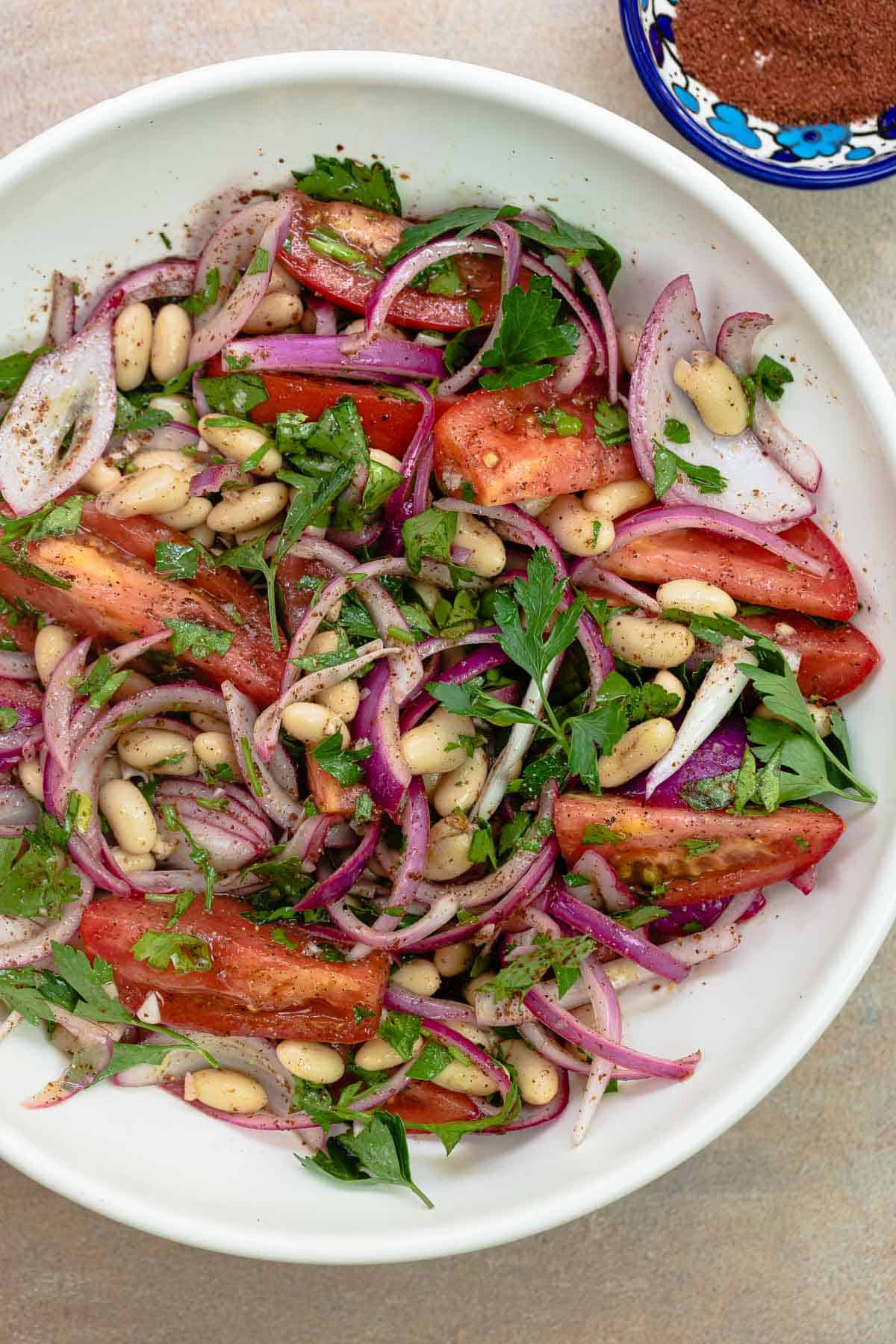 Turkish white bean salad with onions and tomatoes on a deep white plate with sumac alongside.