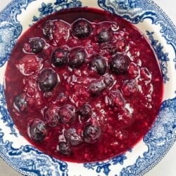 fruit compote in a blue and white bowl.