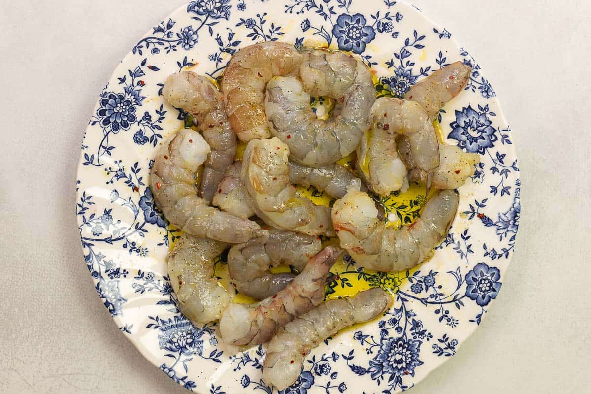 raw jumbo shrimp tossed with kosher salt, black pepper, red pepper flakes, and extra virgin olive oil.