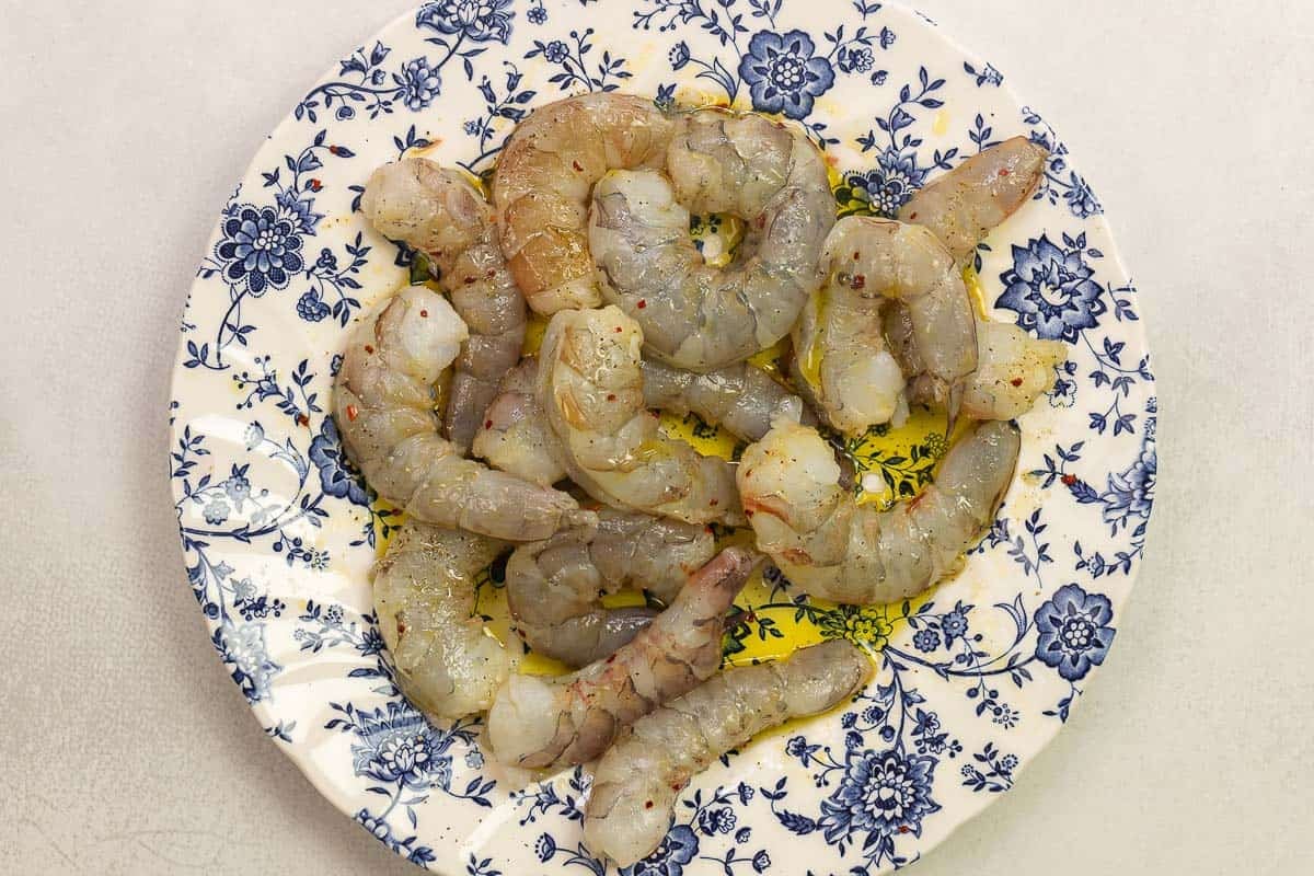 raw jumbo shrimp tossed with kosher salt, black pepper, red pepper flakes, and extra virgin olive oil.