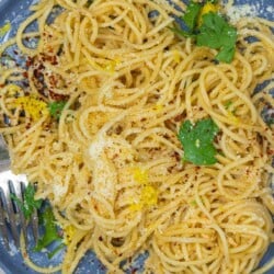 close up of lemon pasta with fresh parsley, lemon zest, and parmesan cheese.