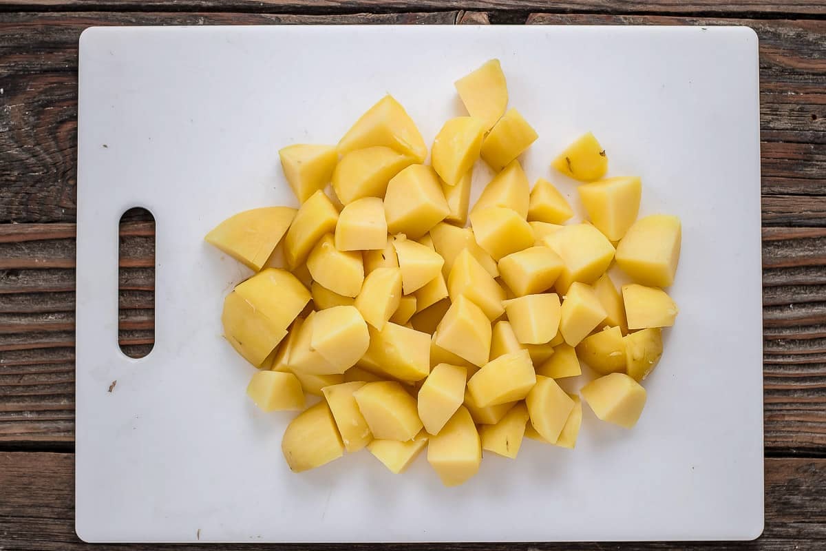 Boiled potatoes cut into bite-sized pieces.