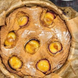 moist plum cake in a cake tin.