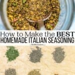 Italian seasoning spice blend in a dish and on parchment paper.