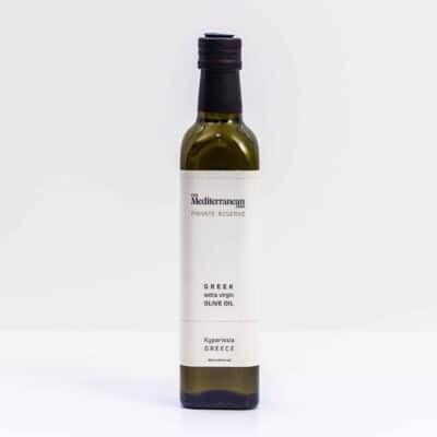 a bottle of private reserve extra virgin olive oil from the mediterranean dish.