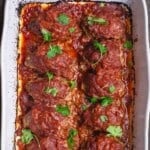 pin image 1 for Greek baked meatballs in tomato sauce.