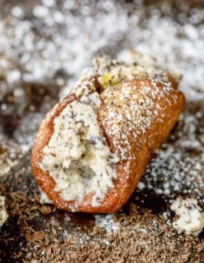 close up of a single cannolo.