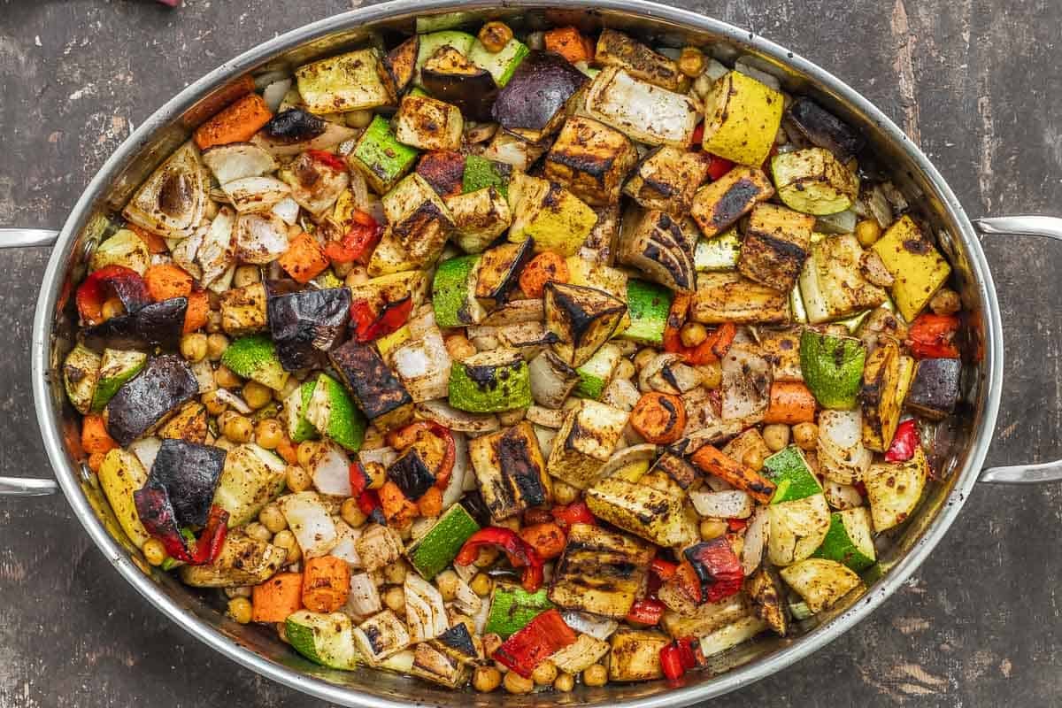 roasted vegetables in a baking dish.