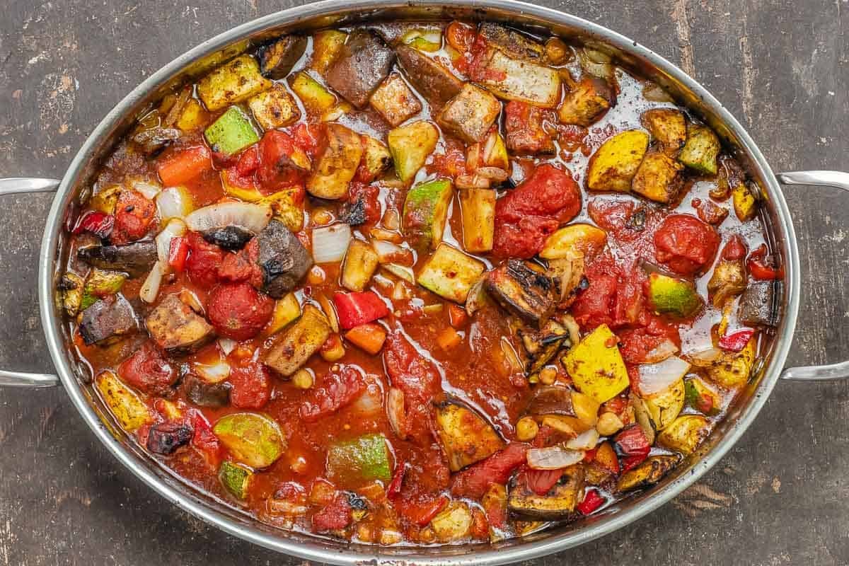 roasted vegetables with tomatoes and chickpeas added.
