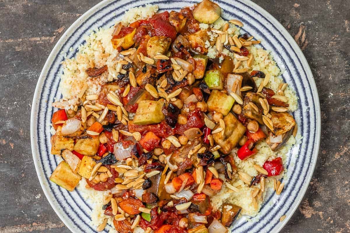 roasted vegetable couscous on a plate.