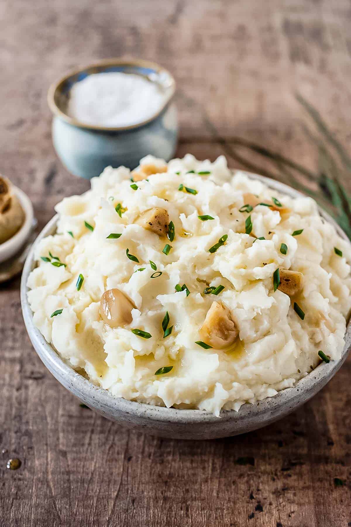 Bowl of roasted garlic mashed potatoes