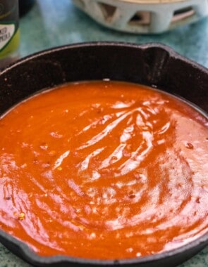 salsa brava in a skillet.
