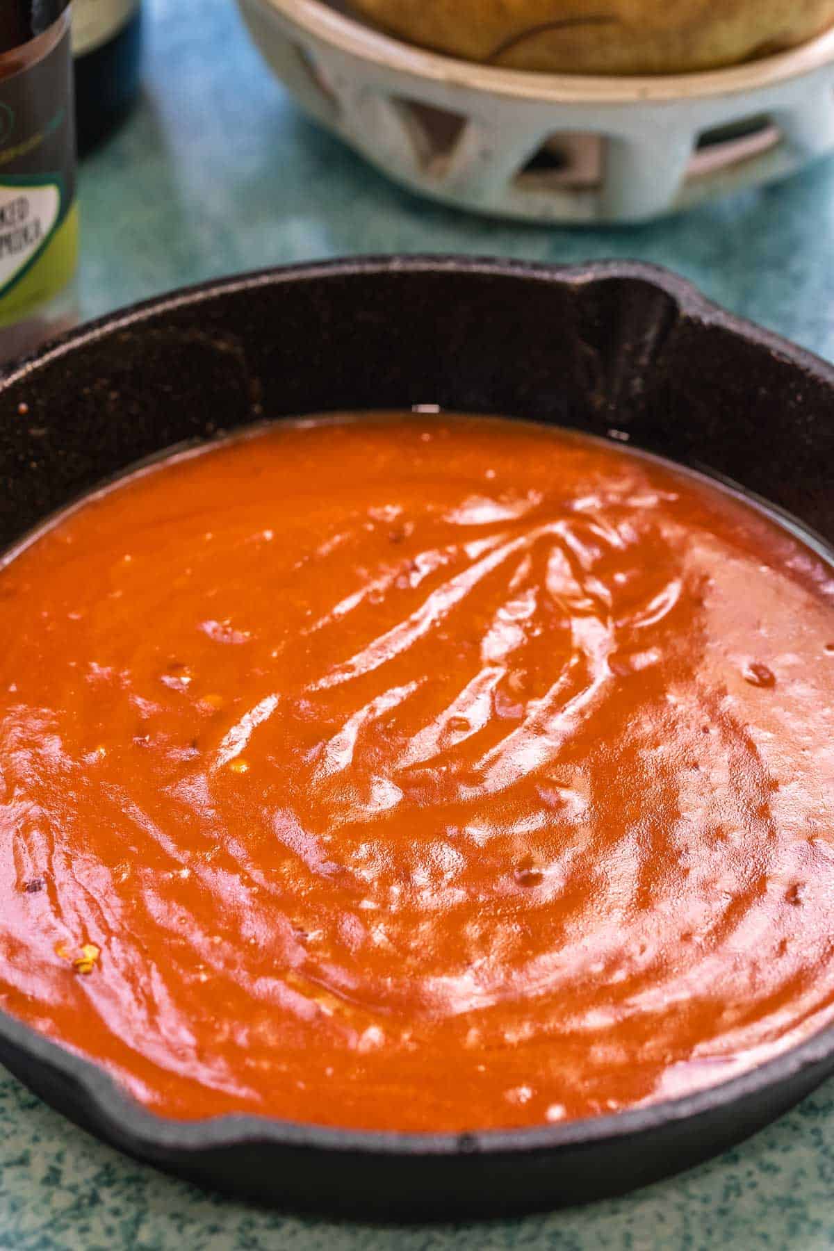 salsa brava in a skillet.