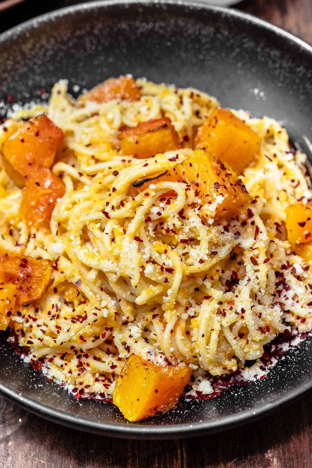 roasted butternut squash pasta in a bowl.
