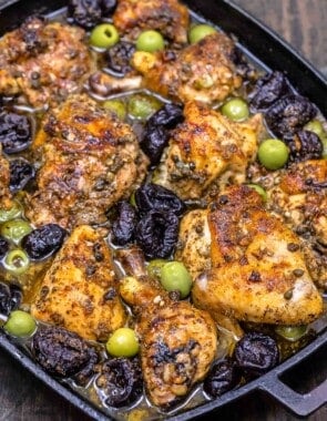 chicken marbella in a large baking dish.