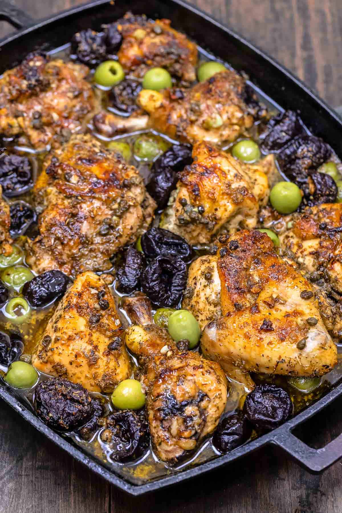 chicken marbella in a large baking dish.