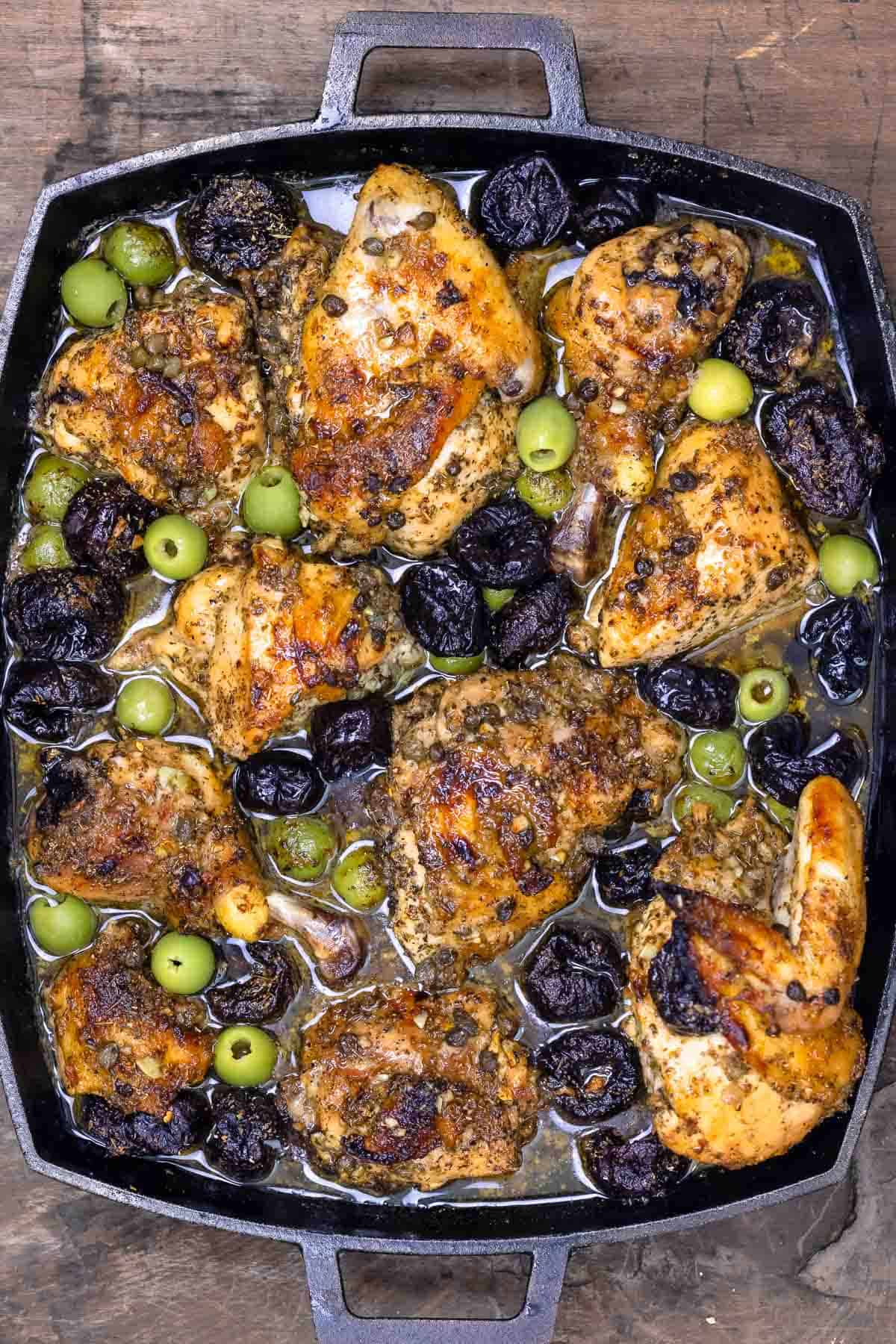 chicken marbella with a whole chicken, prunes, olives, and more.