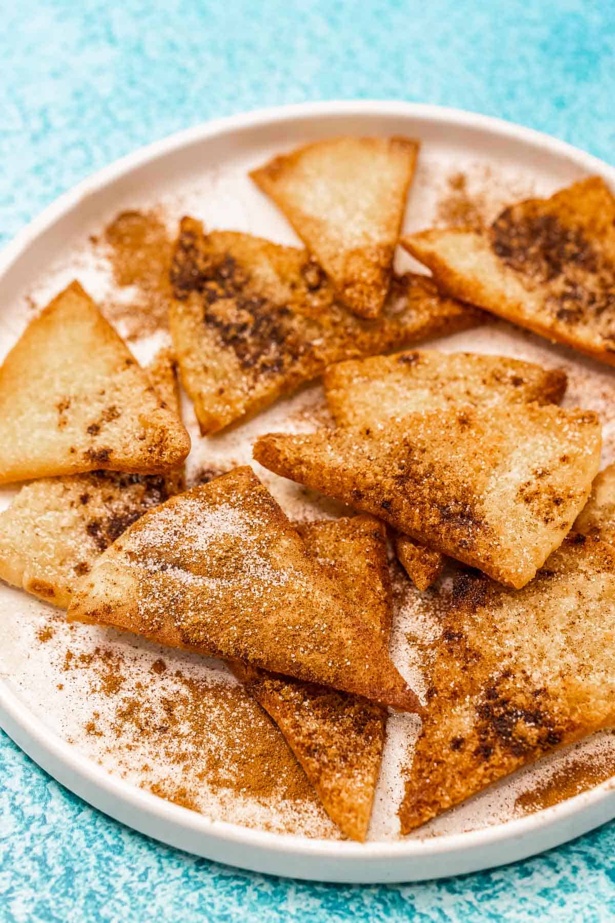 churro chips on a plate dusted with cinnamon and sugar.