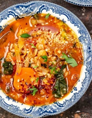 Tuscan-style farro soup in a bowl.