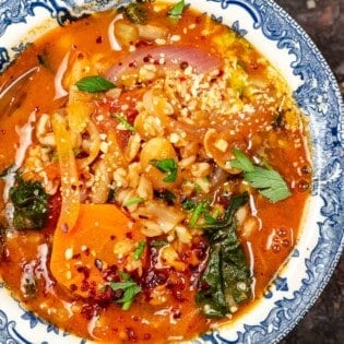 Tuscan-style farro soup in a bowl.