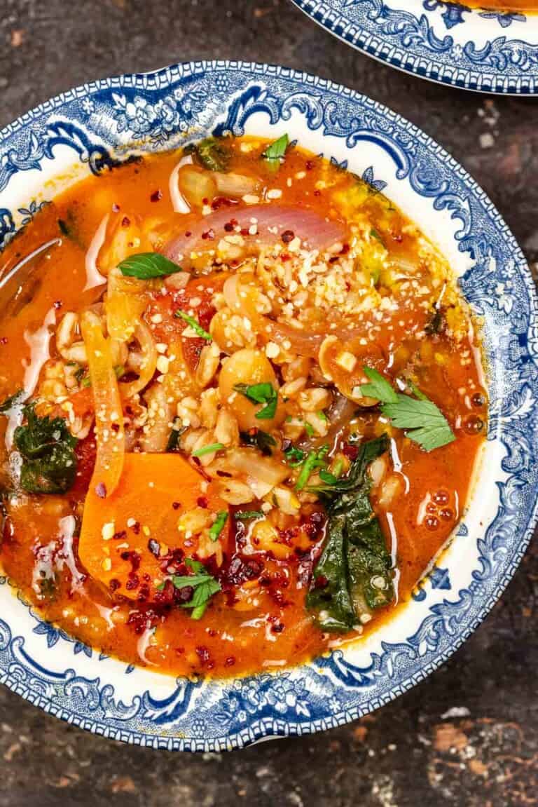 Tuscan-style farro soup in a bowl.