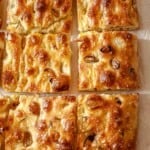 focaccia bread cut up.