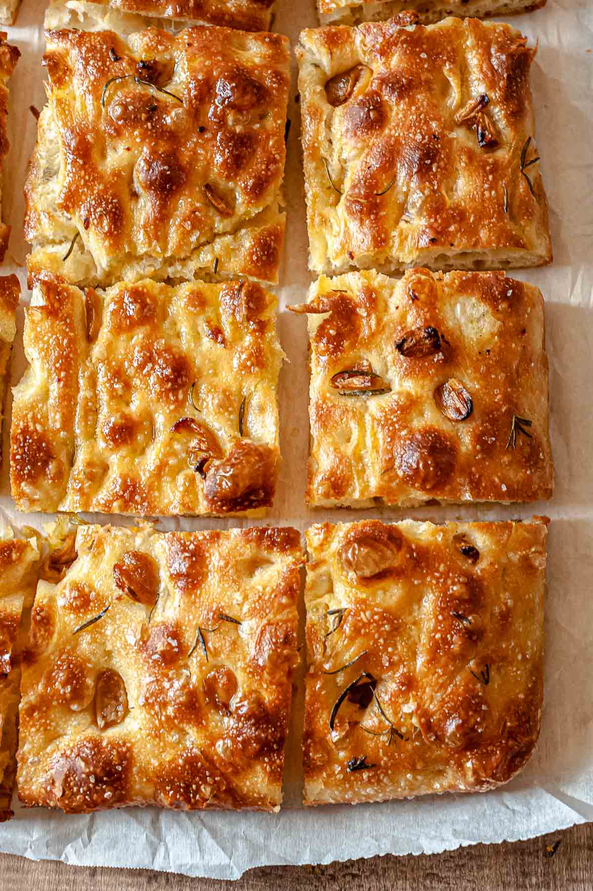 focaccia bread cut up.