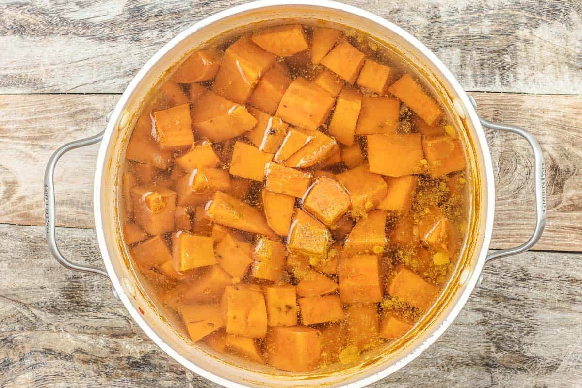 cubed sweet potatoes after being boiled in water.
