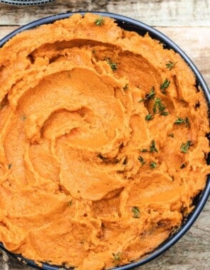 savory mashed sweet potatoes with herbs and garlic.