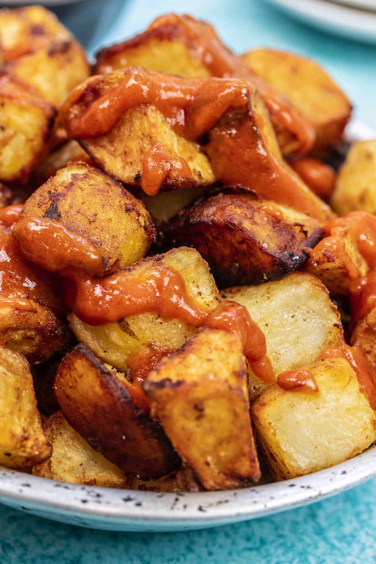 close up of patatas bravas.