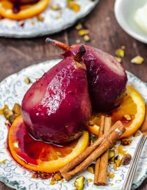 poached pear recipe with red wine, oranges, and spices.