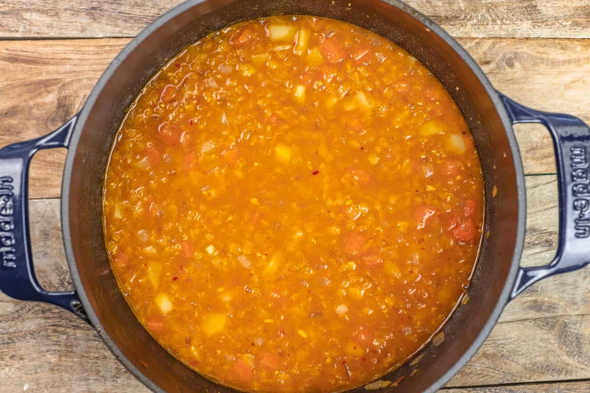 Turkish lentil soup that is still chunky, before being blended.