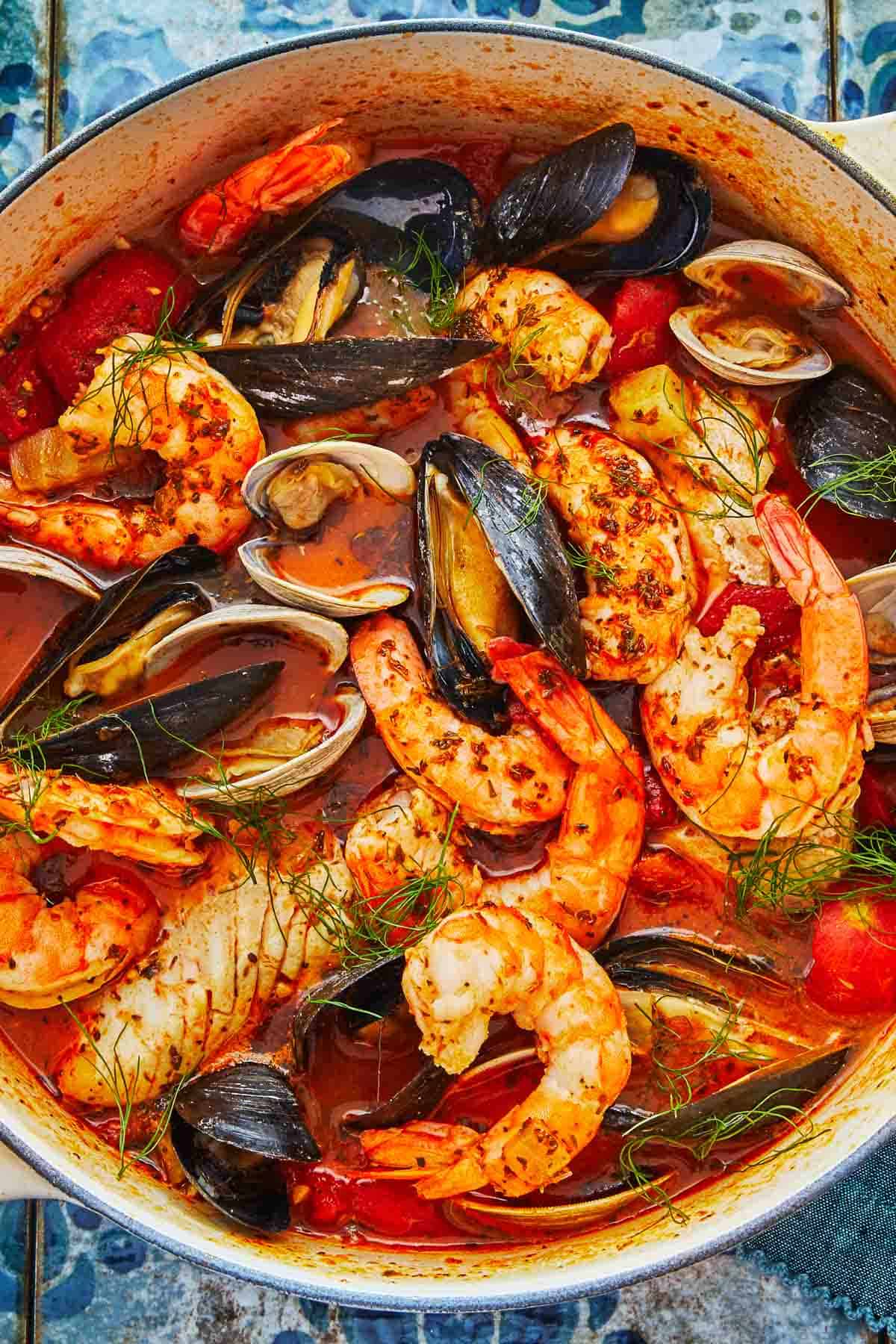 cioppino in a dutch oven.