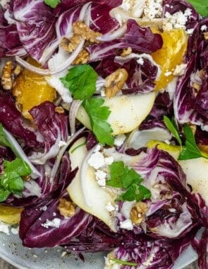 radicchio salad with pears, oranges shallots, walnuts and feta cheese.