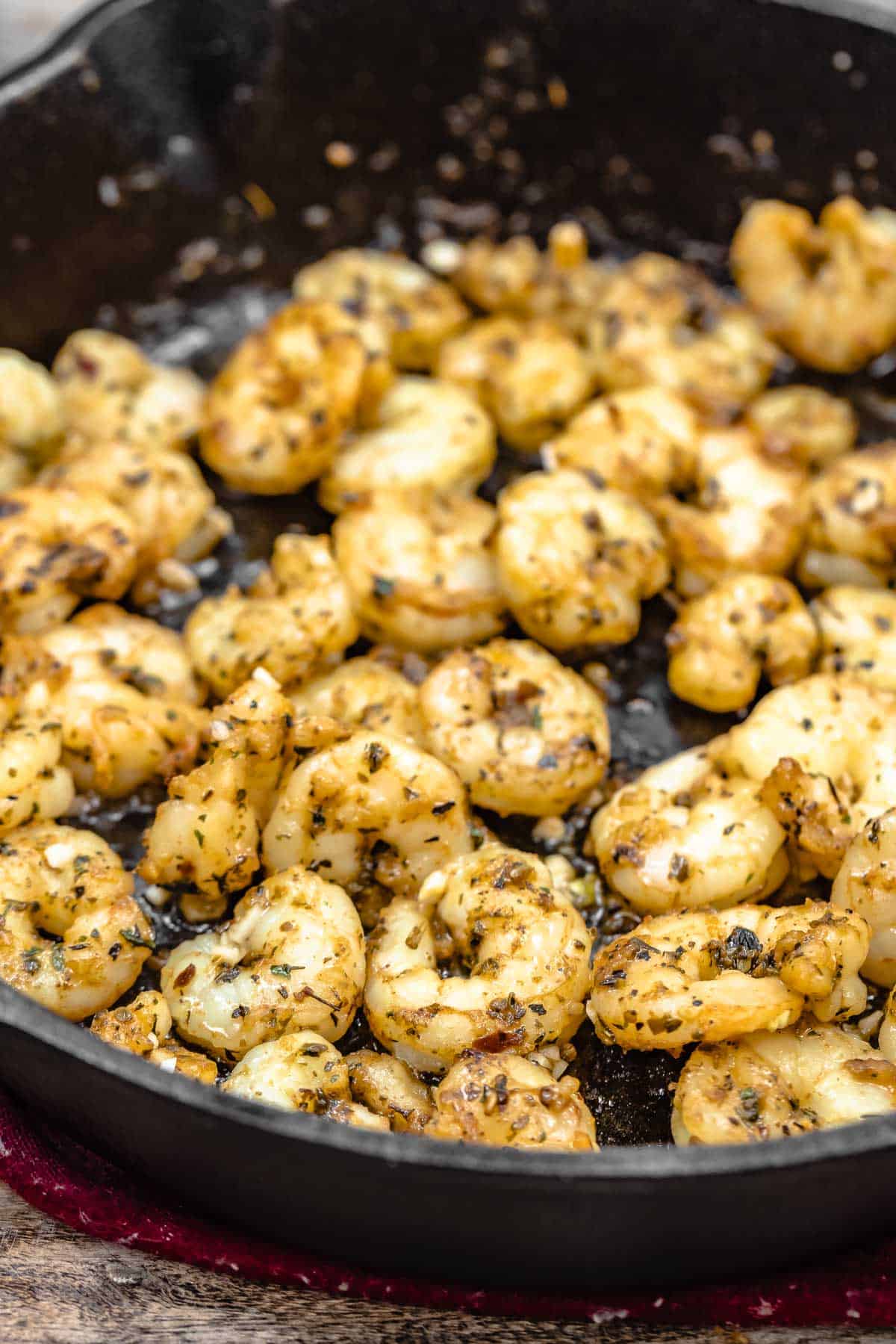 shrimp sautÃ©ing in a skillet.