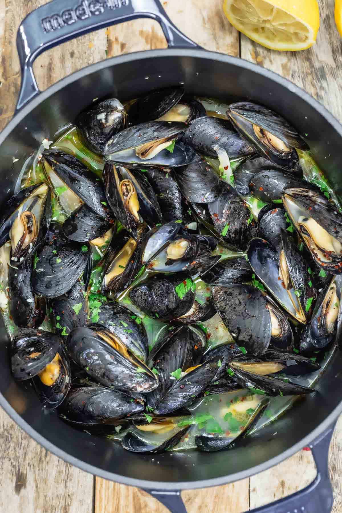 Steamed mussels in a large dutch oven.