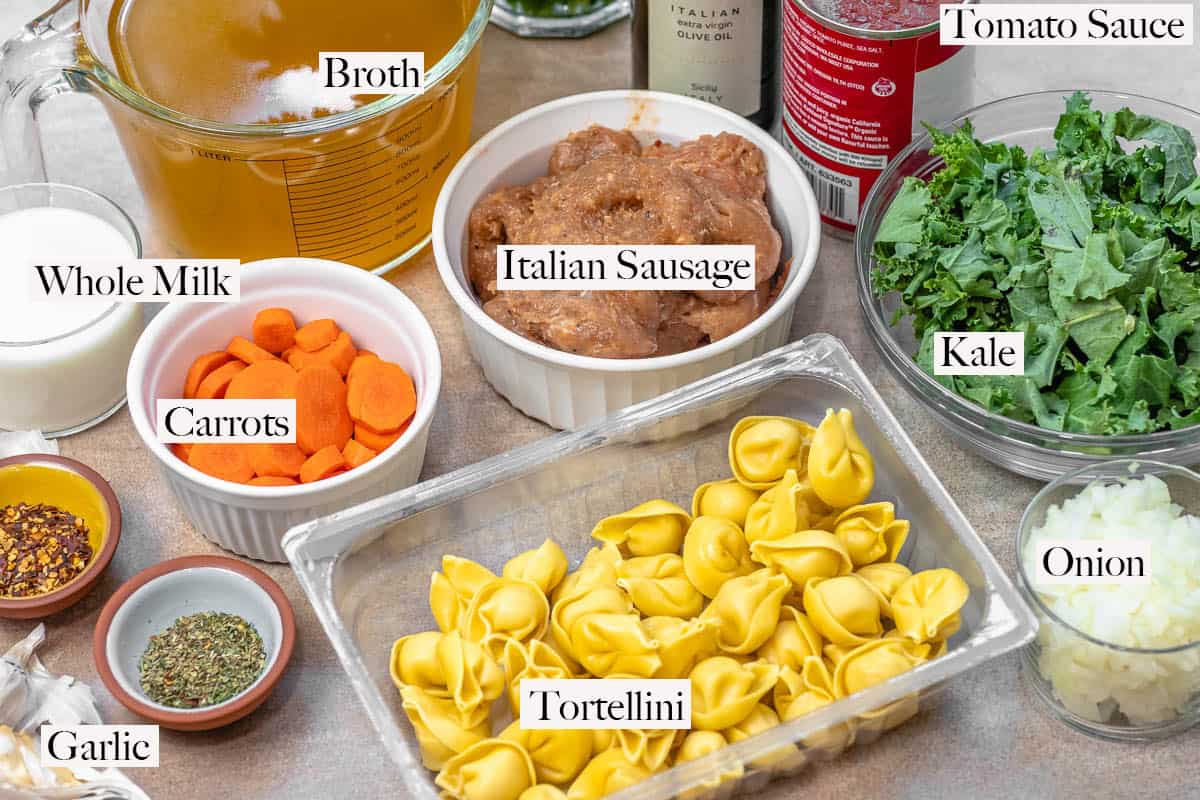 ingredients for tortellini soup including Italian seasoning, red pepper flakes, milk, carrots, broth, olive oil, Italian sausage, tortellini, onions, kale and tomato sauce.