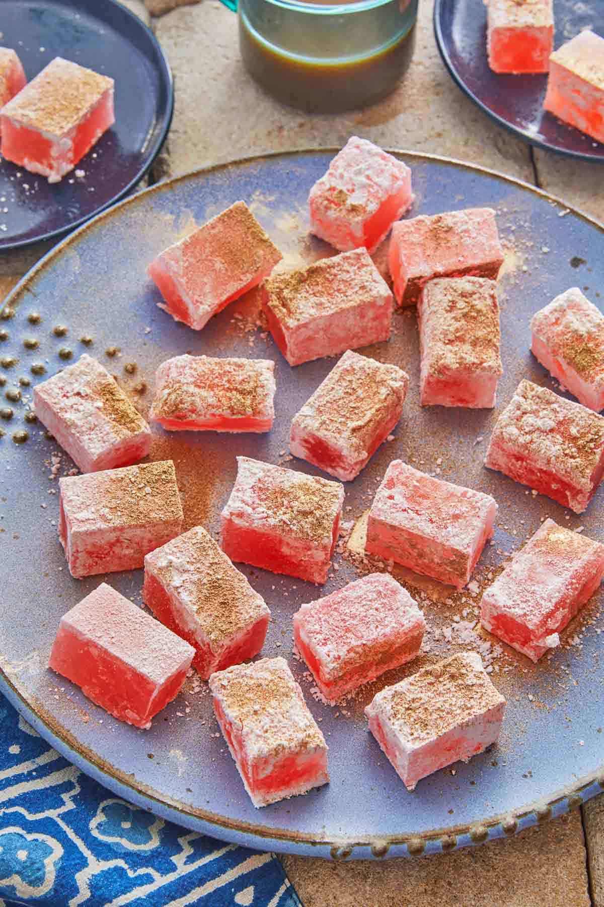 pieces of turkish delight (lokum)on a serving plate.