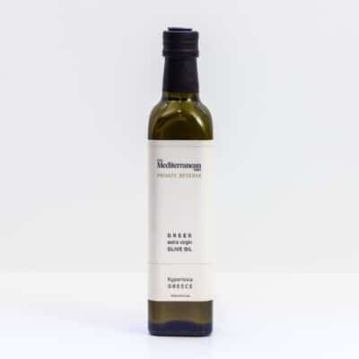 a bottle of private reserve extra virgin olive oil from the mediterranean dish.