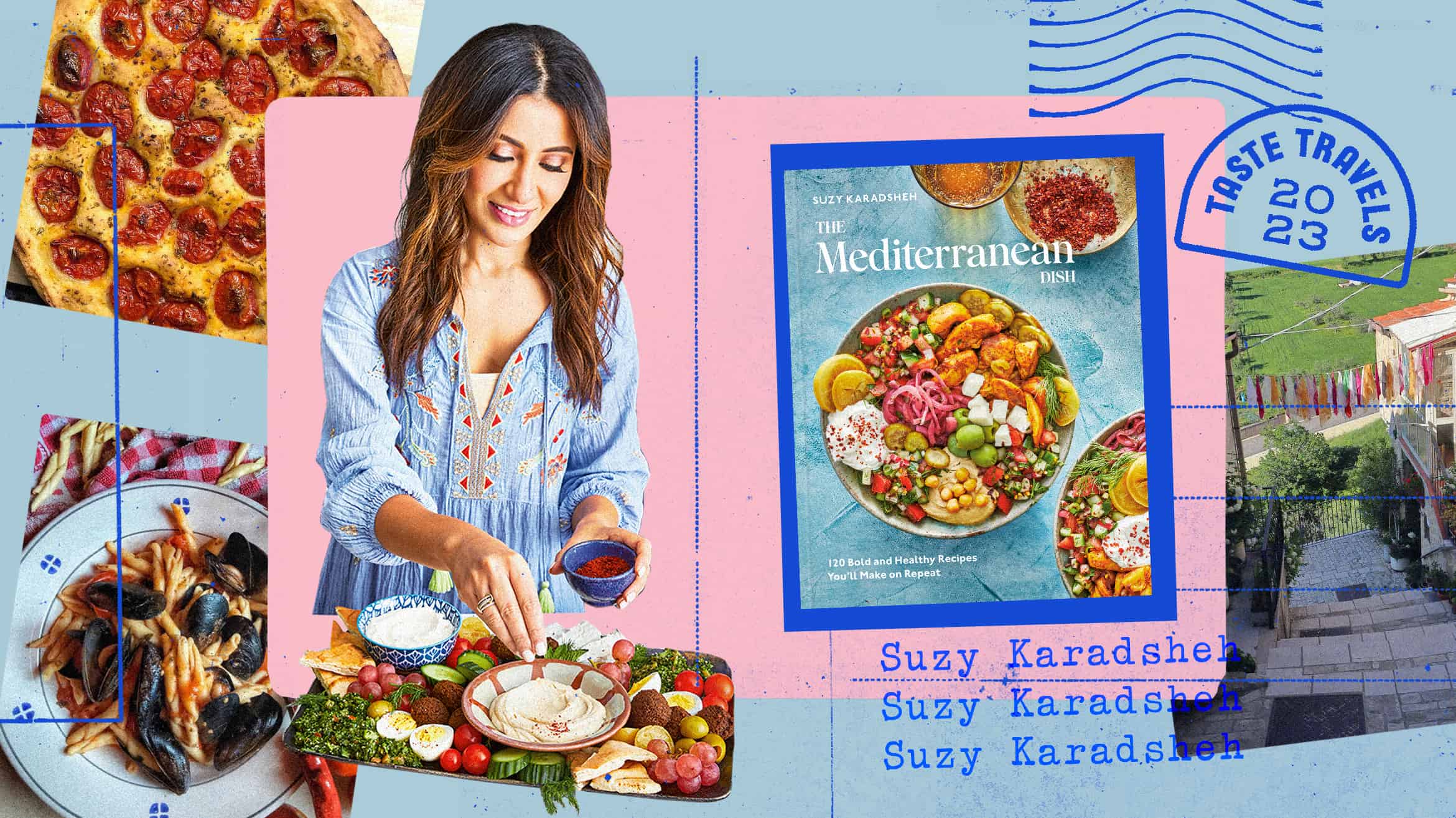 image of Suzy Karadsheh and The Mediterranean Dish Cookbook with Italian food imagery in the background and travel series logo