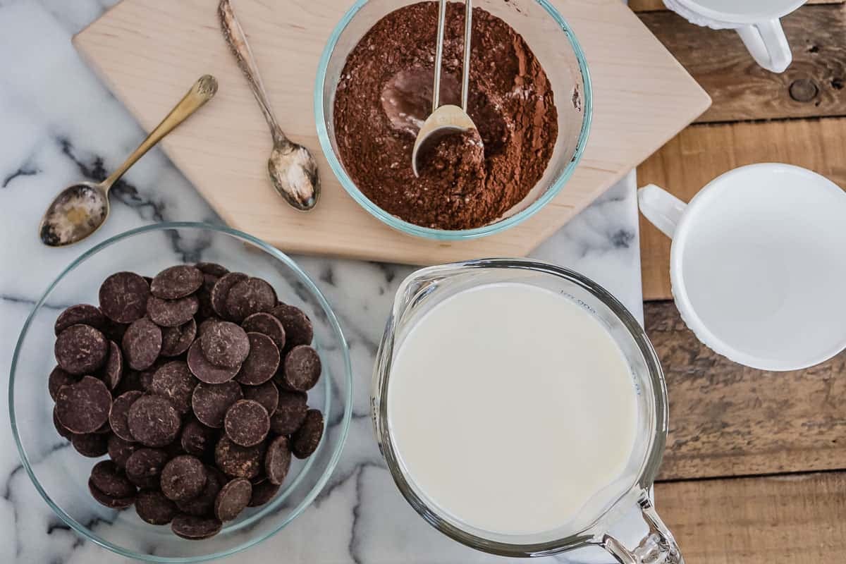 ingrédients pour le chocolat chaud italien, notamment le chocolat noir, le lait et la poudre de cacao.