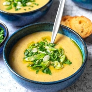 a close up of a bowl of potato soup with a spoon topped with green onions and parsley.