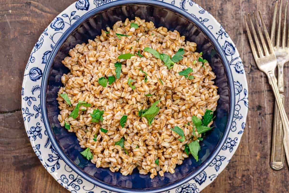 cooked farro garnished with parsley in a bowl next to two forks.