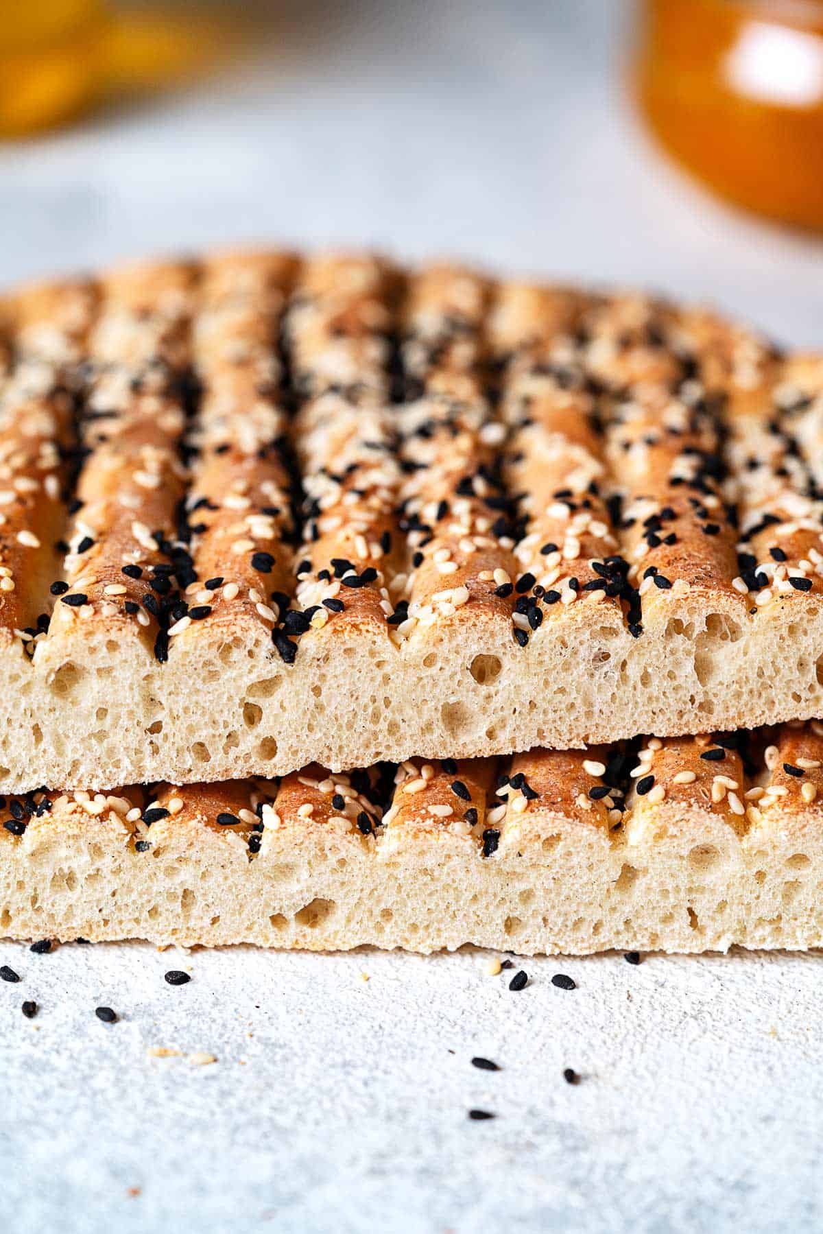 close up of two halves of barbari bread.