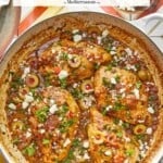pin image 1 for mediterranean chicken with tomatoes and olives.