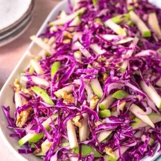 red cabbage salad in a large serving bowl.