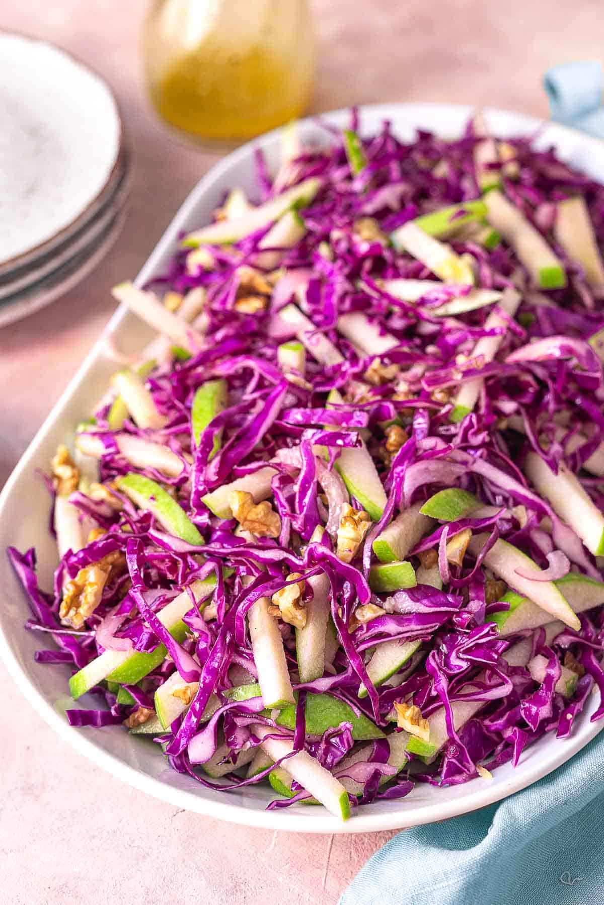 red cabbage salad in a large serving bowl.