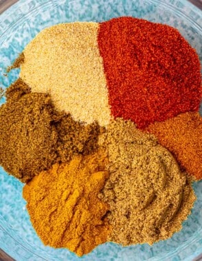 close up of homemade shawarma spice blend including ground cumin, turmeric powder, ground coriander, garlic powder, sweet spanish paprika, ground cloves and cayenne pepper in a bowl.